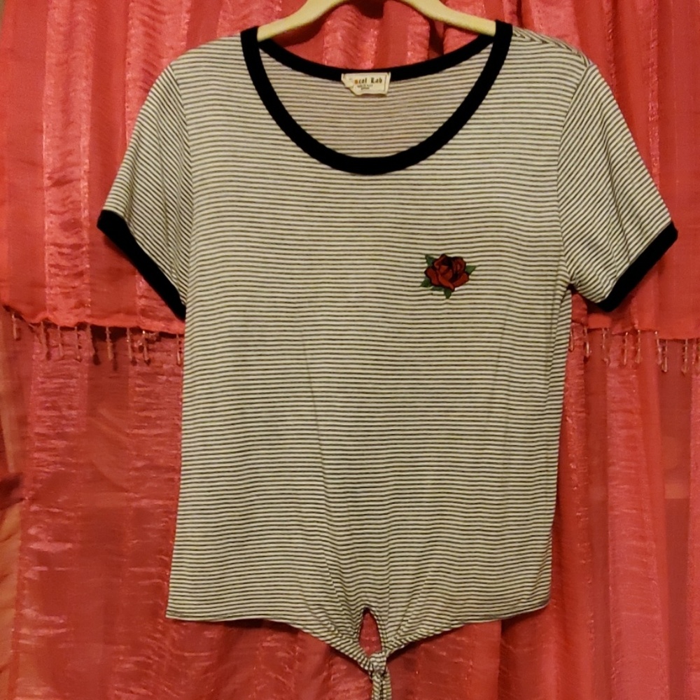 Black and white striped tee with embroidered rose